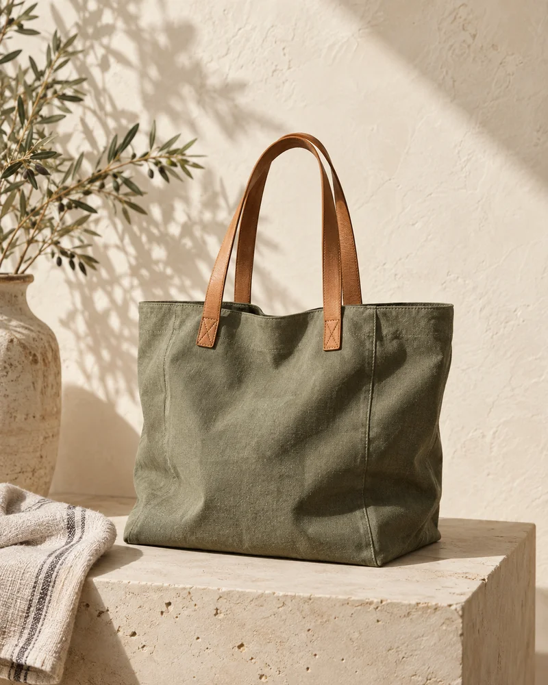 Sage canvas tote on a stone plinth in natural sunlight, an illustrative campaign photograph.