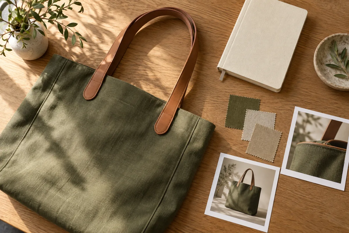 A naturally lit creative worktable with a canvas tote, fabric swatches and campaign planning materials.