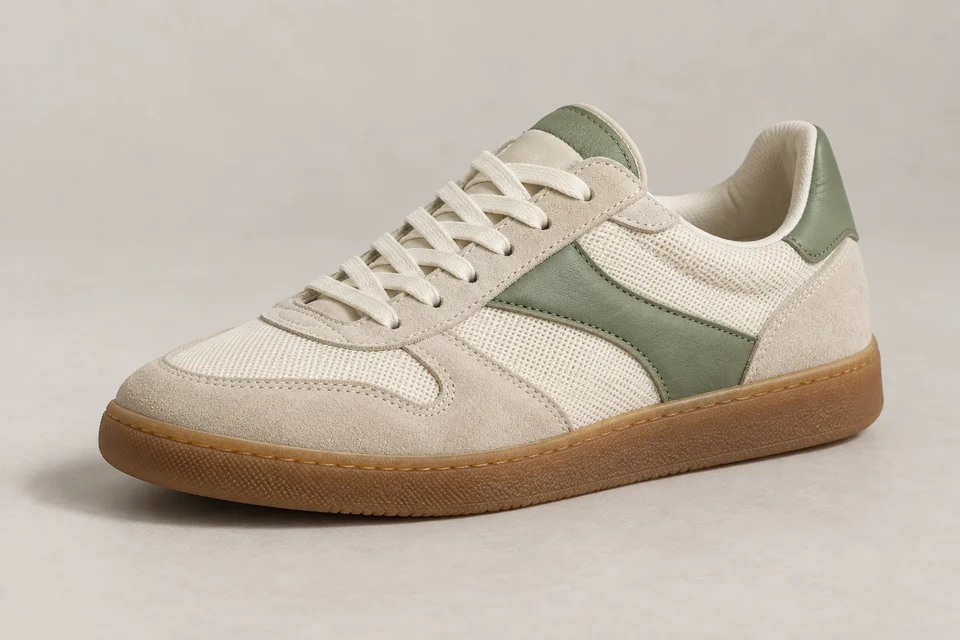 Cream and sage green suede sneaker product photograph.