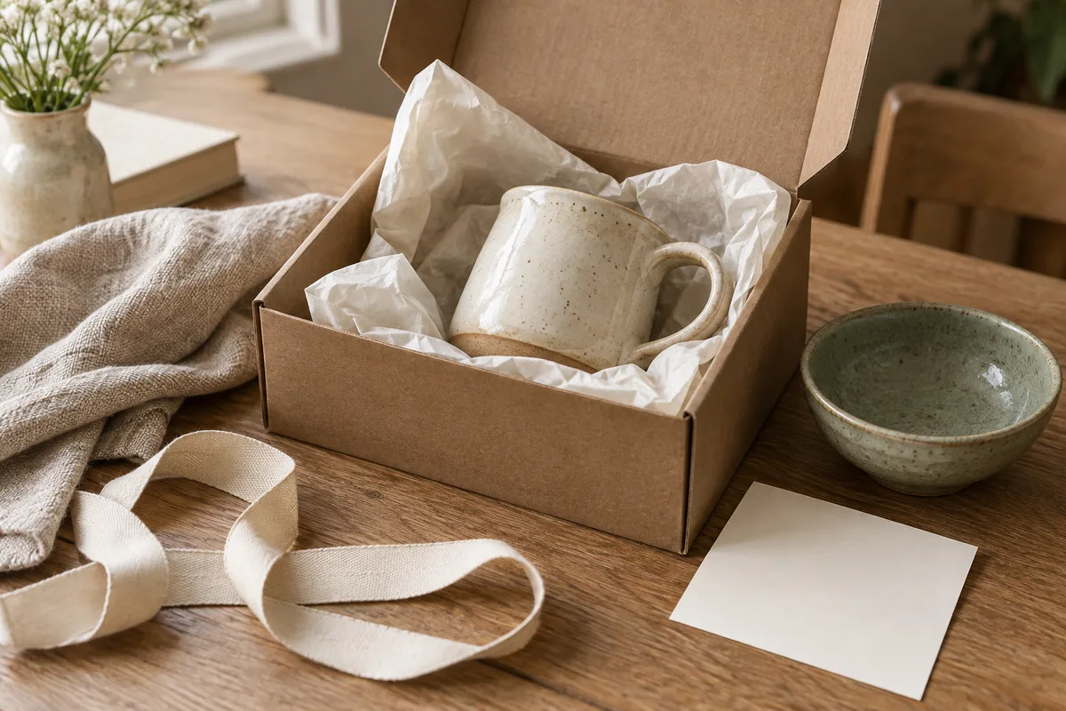 A naturally lit ecommerce packing table with a ceramic mug, a bowl and recyclable packaging materials.